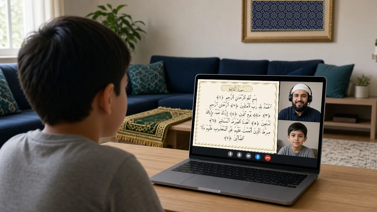 A boy at home in a live online hifz class on his laptop: the teacher shares Surah Al-Fatiha on screen, teacher and student on video